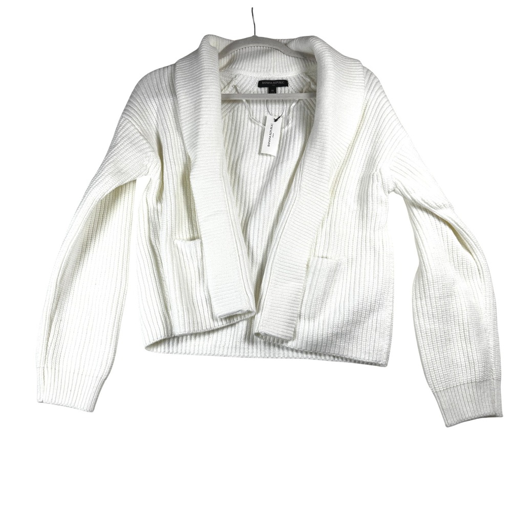 Banana Republic Women Cardigan Sweater Medium Shawl Collar Ribbed Knit White NWT